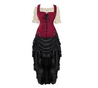 Chemise Pirate Veste Set 3 Pièces Tenue Femme Viking Vintage Victorien Médiévale Retro Victoria Adulte Déguisement Halloween Vin Rouge S