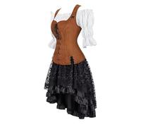 Chemise Pirate Veste Set Femme Vintage Gothique Victorien Médiévale Retro Victoria Adulte Déguisement Halloween Brun XS