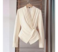 Chemise plissée à col chevauchant, couleur abricot, style mince, pouvant être portée toute l'année, col V, ourlet irrégulier, manches longues, pour le travail et le quotidien. Convient pour les déplac