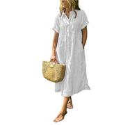 Chemise plissée boutonnée pour femme - Manches courtes - Décontractée et élégante - Mini robe ample à rayures - Chemise midi de vacances, blanc, L