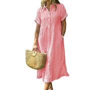 Chemise plissée boutonnée pour femme - Manches courtes - Décontractée et élégante - Mini robe ample à rayures - Chemise midi de vacances, rose, L