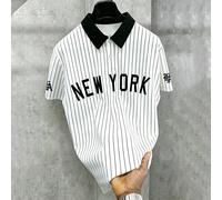 Chemise polo à manches courtes rayée noir et blanc pour hommes, imprimé lettre New York, style maillot de baseball, Top à boutons, streetwear d'été, city break, rétro L,M,S,XL,XS,XXLRayéTissu tricoté