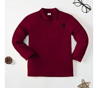 Chemise polo à manches longues bordeaux pour garçons, avec broderie de chevalier et col rayé, style preppy, convient pour la rentrée scolaire, le port quotidien, l'automne/l'hiver 6Y,7Y,8Y,9Y,10Y,4Y,5