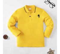Chemise polo à manches longues jaune pour garçons, col rayé avec broderie de chevalier, style preppy, convient pour la rentrée scolaire, le port quotidien, l'automne/l'hiver 6Y,7Y,8Y,9Y,10Y,4Y,5Y,11Y,
