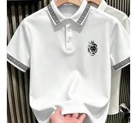 Chemise polo blanche à manches courtes classique et décontractée pour hommes avec imprimé couronne de lion, formelle L,M,S,XL,XXLgraphique,PlantesTissu tricoté
