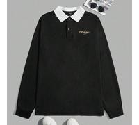 Chemise polo décontractée pour hommes avec col contrasté, manches longues, boutons quart, blocs de couleurs et graphiques de lettres, pour sortir, vacances, cadeaux de la fête des pères, football L,M,