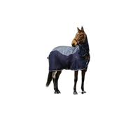 EQUITHÈME Couverture de pluie et anti-mouches avec col 420D | Couverture pour cheval avec maille, sangles croisées, lacets de jambe et rabat de queue | Couverture de pluie imperméable en bleu marine |
