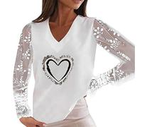 Chemise pour femmes à manches longues col en V pull dentelle cœur imprimé décontracté taille ample t-shirt haut sexy femme, Blanc., XL