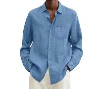 Chemise pour homme à manches longues en coton et lin, décontractée, pour l'été, coupe ample, grande taille, col rond, confortable, respirant, bleu ciel, XXL