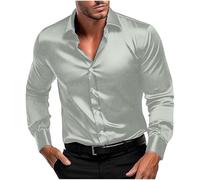 Chemise pour homme à manches longues en satin - Chemise vintage uni - Grandes tailles, gris, 3XL