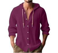 Chemise pour homme avec col montant et cordon de serrage uni et manches longues en coton et lin, lilas, L