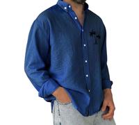 Chemise pour homme en coton et lin à manches longues - Chemise hawaïenne boutonnée - Motif palmier en noix de coco - Chemisier à col, bleu marine, 5XL