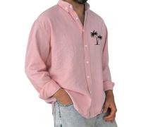 Chemise pour homme en coton et lin à manches longues - Chemise hawaïenne boutonnée - Motif palmier en noix de coco - Chemisier à col, rose, 3XL