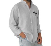 Chemise pour homme en coton et lin à manches longues - Chemise hawaïenne boutonnée - Motif palmier en noix de coco - Chemisier à col, gris, 4XL