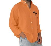 Chemise pour homme en coton et lin à manches longues - Chemise hawaïenne boutonnée - Motif palmier en noix de coco - Chemisier à col, Orange, XL