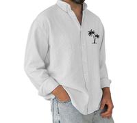 Chemise pour homme en coton et lin à manches longues - Chemise hawaïenne boutonnée - Motif palmier en noix de coco - Chemisier à col, blanc, 5XL