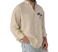 Chemise pour homme en coton et lin à manches longues - Chemise hawaïenne boutonnée - Motif palmier en noix de coco - Chemisier à col, kaki, M
