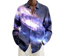 Chemise pour homme - Imprimé galaxie 3D - Chemise à paillettes - Chemise à manches longues - 2025 - Ciel étoilé - Chemise à manches longues avec boutonnière - En coton - Coupe droite - Chemises des