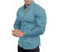 Chemise pour Homme Muscle Fit Haute Elastique Robe Chemise Haut Sport Slim Fit Manches Longues Stretch Casual Boutonnée