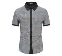 Chemise pour homme - Polo métallique brillant - Veste blazers - Chemises métalliques brillantes pour homme - Coupe ajustée - Boutonnière pour club, hip-hop, fête discothèque, cosplay, argenté, L