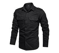 Chemise pour Hommes Chemises à Manches Longues en Coton pour Hommes Epaulettes Chemises de l'armée Black 6XL