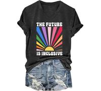 Chemise Pride pour femme « The Future is Inclusive » - T-shirt arc-en-ciel à manches courtes et col en V, Col en V noir, XL