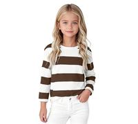 Chemise rayée à manches longues pour filles - Haut de printemps décontracté - Col rond - Couche de base - En coton - Couleurs contrastées - Chemisier d'école ample - Vêtements d'été, café, 10-11 ans