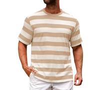 Chemise rayée à rayures pour homme T-shirt à manches courtes col rond classique élégant patchwork haut décontracté chemisier d'entraînement, Z03-kaki, L