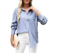 Chemise rayée boutonnée surdimensionnée en coton mélangé à manches longues avec poche et col pour femme, rayures bleues, XX-Large