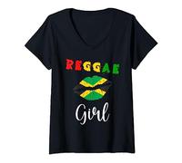 Chemise Reggae Fille Reggae Drapeau Jamaïque Lèvres Reggae Lover T-Shirt avec Col en V