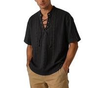 Chemise Renaissance à manches courtes et à lacets pour homme, col montant, style pirate, coupe ample, vintage, gothique, respirante, plage, festival, Noir , XL