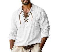 Chemise rétro à lacets à manches longues pour homme - Col montant - Chemise décontractée à manches longues classique réglable à lacets - Haut médiéval vintage pour homme - Printemps été - Activités