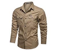 Chemise safari en coton à manches longues pour homme, chemise tactique militaire boutonnée à coupe régulière avec deux poches de poitrine, chemise légère pour la marche, le voyage, chemise cargo pour