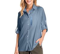 Chemise safari pour femme UPF50+ protection solaire réglable à manches longues pour randonnée, marche, pêche, chemise fonctionnelle respirante légère à séchage rapide sport décontracté travail, bleu