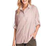 Chemise safari pour femme UPF50+ - Protection solaire UV - Séchage rapide - Légères et réglables - Manches longues - Pour randonnée, trekking, camping, rose, L