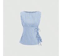Chemise sans manches au design col rond style collège rétro avec une touche de sensualité. Nouvelle blouse d'été slim avec lien, dégageant une douce et délicate vibe féminine L,M,S,XSCarreauTissu tiss