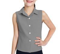 Chemise sans manches boutonnée à revers pour adolescente - Col polo uni avec poche pour jeunes filles - Camisole formelle - Haut d'entraînement d'été, gris, 9-10 ans