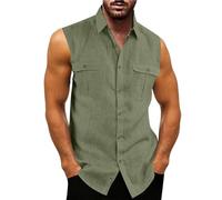 Chemise sans manches en coton pour homme - Débardeur de sport ample boutonné - Pour le travail d'été - Chemise de plage décontractée - Solide et légère - À porter au quotidien - Avec poche de poitrine