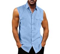 Chemise sans manches en coton pour homme - Débardeur de sport ample boutonné - Pour le travail d'été - Chemise de plage décontractée - Solide et légère - À porter au quotidien - Avec poche de poitrine