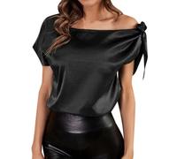 Chemise Satin Femme À éPaules DéNudéEs- Haut Sexy à Lacets Col AsyméTrique Manches Courtes Top Chic ÉLéGante DéContracté Blouse en Satin Tunique Banquet Party Comfortable Tee Shirt
