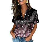 Chemise Satin Femme Chic Et Élégant Blouse Chemisier À Manches Courtes pour Femme avec Imprimé Floral Et Lettrage Coupe Décontractée Col Classique Boutons Devant Rose XL