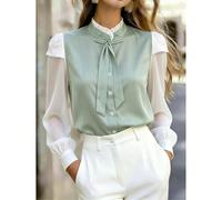 Chemise satinée à col Peter Pan pour femmes, style preppy, avec nœud à volants, boutons devant, manches longues, pour un look élégant au quotidien, à la maison, au bureau, en vacances, printemps, auto