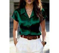 Chemise satinée violette à manches courtes avec col et décoration de boutons, blouse coupe régulière pour l'été, du travail au w nd L,M,S,XLUnicoloreTissu tissé