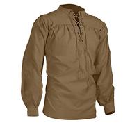 Chemise Steampunk pour homme - Style médiéval, pirate, renaissance - À volants - Manches longues - Avec lacets - Col montant - Gothique - Steampunk - T-shirt à encolure en V - Uni, kaki, XXL