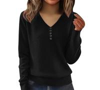 Chemise thermique pour femme - Chemisier ample à col en V et manches longues en tricot avec boutons - Coupe ample - Pull grande taille - Effet amincissant - T-shirt polyvalent pour l'entraînement au