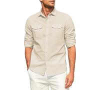 Chemise tissée classique à manches longues pour homme - Chemise légère à manches longues boutonnée en lin - Chemise occidentale décontractée à rabat avec poche boutonnée et coupe ajustée à manches