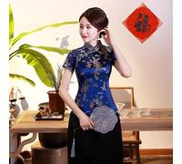 Chemise traditionnelle en satin de style Tang pour femme avec motif dragon phénix, haut chinois, pull pour un usage quotidien décontracté et de fête (taille L, bleu marine)