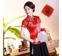 Chemise traditionnelle en satin de style Tang pour femme avec motif dragon phénix - Hauts chinois pour un usage quotidien décontracté et de fête (M rouge)