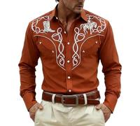 Chemise traditionnelle pour homme - Imprimé cowboy - Chemise western - Chemise traditionnelle - Manches longues - Tenue western - Coupe ajustée - Chemise boutonnée - Vêtement western, marron, XL