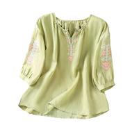 Chemise transparente avec doublure, chemisier frais en coton, style bohème chic, T-shirts noirs pour femme, chemise détails ethniques sur les manches et le cou, look rétro moderne, Vert clair, XL